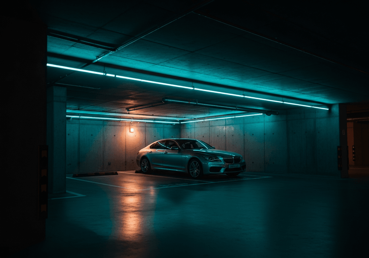 Covered underground parking spot with luxury car and LED lighting