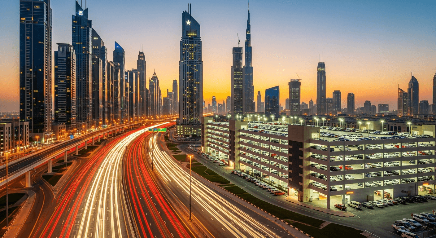 Dubai cityscape at night with heavy traffic showing parking demand