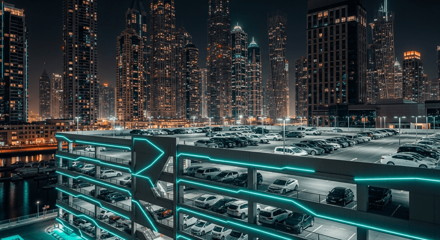 Dubai skyline at night with parking structure — earn from your parking spot